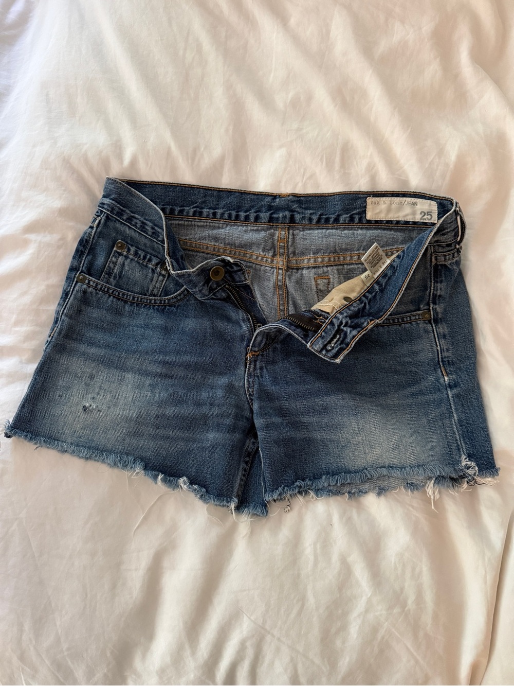 rag & bone distressed blue denim cutoff shorts